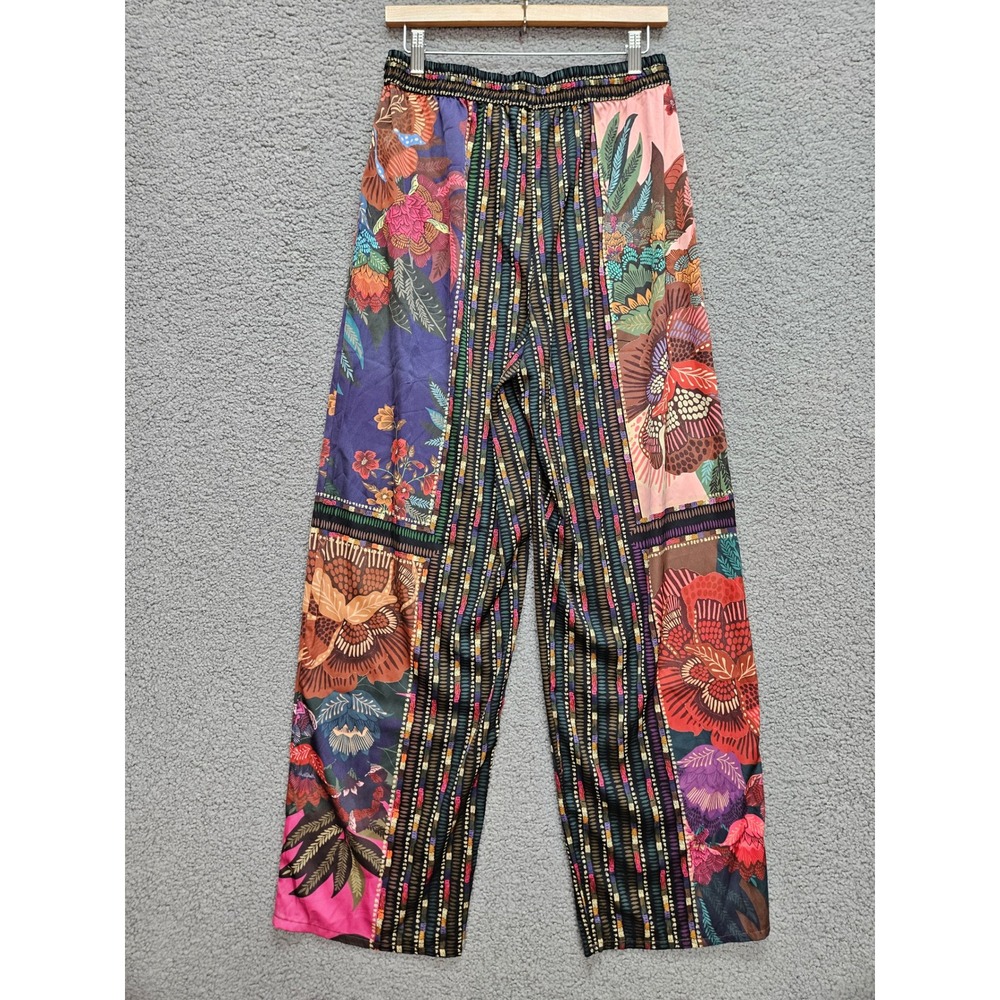 House of Harlow 1960 Wide Leg Pants M Multicolor Floral Patchwork Boho Satin - Picture 2 of 8